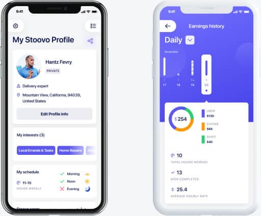 Mobile dashboard with earnings statistics by day